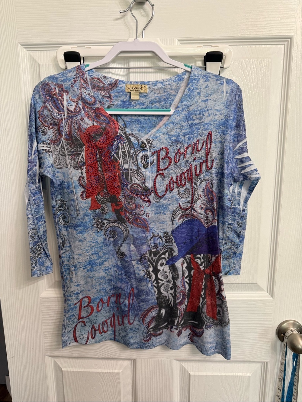 One World Live and Let Live Born Cowgirl Western Rhinestone Top M Y2K Bling
